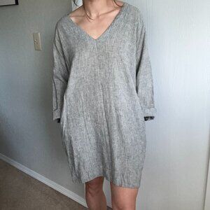 Relaxed V-Neck Tunic Dress in Grey Pinstripe